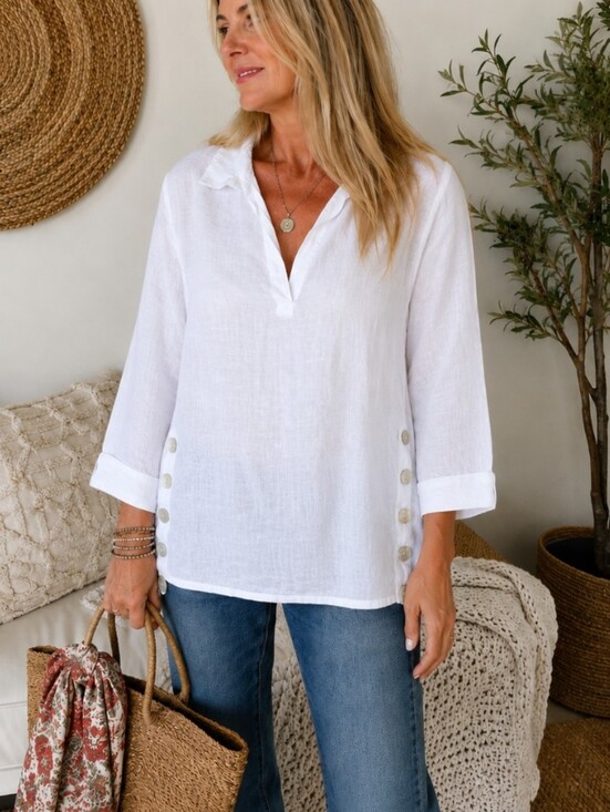 Tahari Tops - Tahari 100% Linen White Side-Button 1X Tunic Blouse